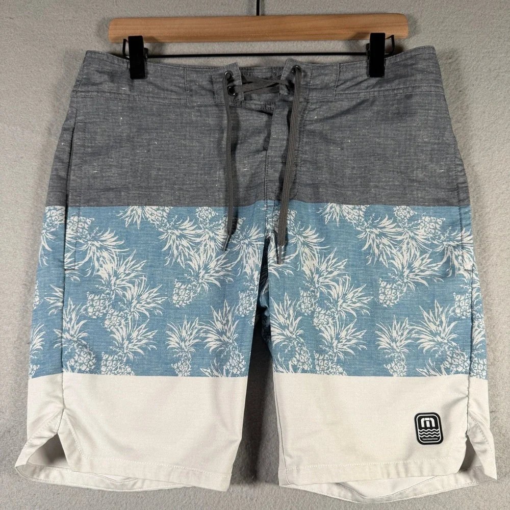 TravisMathew Mens Pineapple Board Shorts Grey Blue White Size 32 9in Inseam